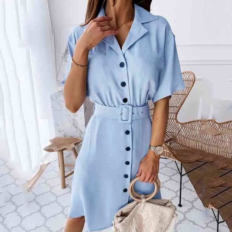 Fashion Midi Dress with belt women summer Casual solid color short-sleeved V-neck button shirt dress vestidos de fiesta 210514