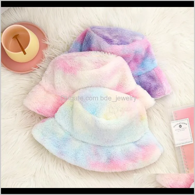 autumn and winter lady`s fisherman`s hat tie-dye rainbow plush style warm cap soft beautiful lovely match the girl sunshine