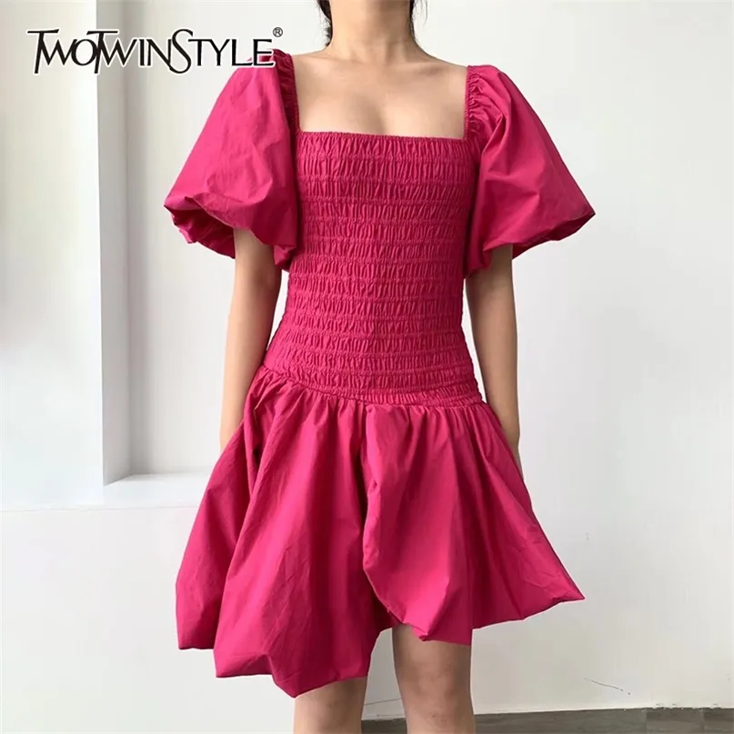 女性のための堅いヴィンテージの夏のドレスのための正方形の襟パフスリーブハイウエスト不規則な裾のドレス女性のファッション210520