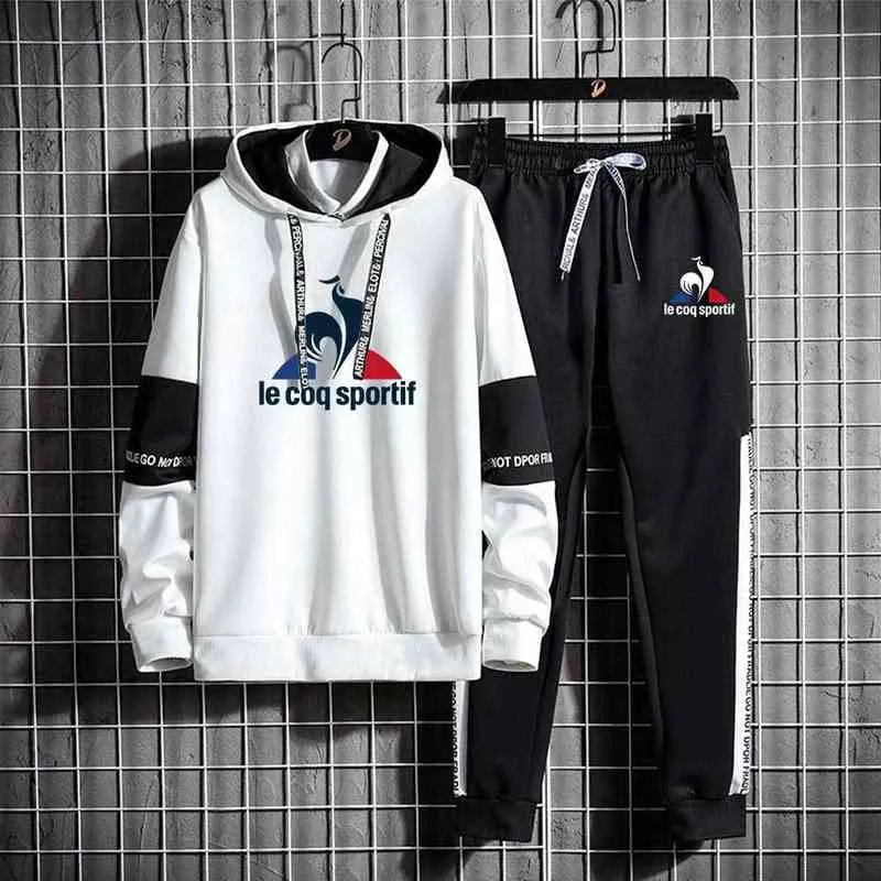 Le Coq Marke Frühling Herbst Männer 2 Stück Set Sets Sport Pullover Hoodies Jogging Casual Gedruckt Große Tasche Trainingsanzüge G1217