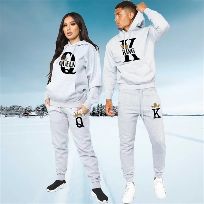 Fashion Lover Couple Sportwear Set KING QUEEN Printed Hooded Clothes 2PCS Hoodie and Pants Plus Size Hoodie 220107