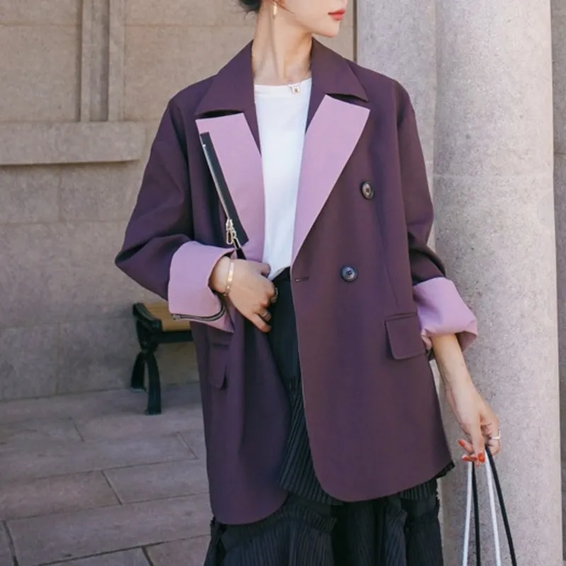 Весенние женщины британский стиль отворота сплошной цвет молнии двубортный элегантный шикарный пиджак костюм пальто дамы 16Q206 210510