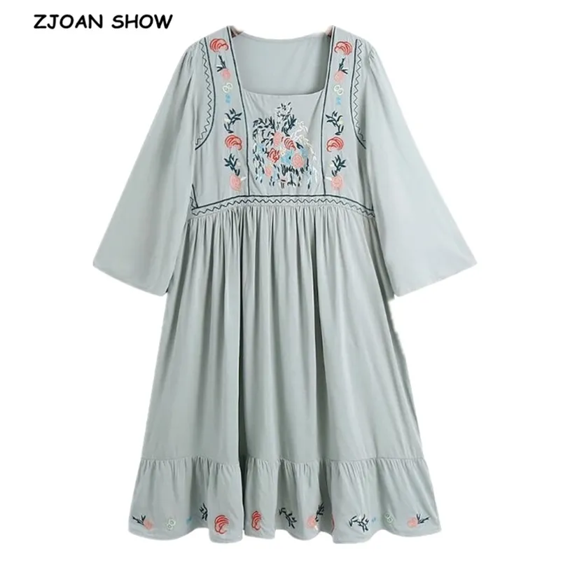 BOHO Square Collar Gray Floral Embroidery Women Dress Holiday Flare Sleeve Spliced Pleated Ruched Loose Midi Dresses Beach 210429