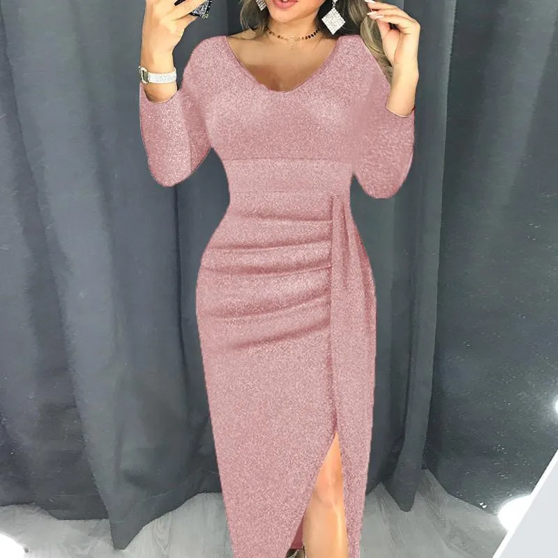 Casual Dresses Vintage Dress Women Fashion V Neck High Slit Long