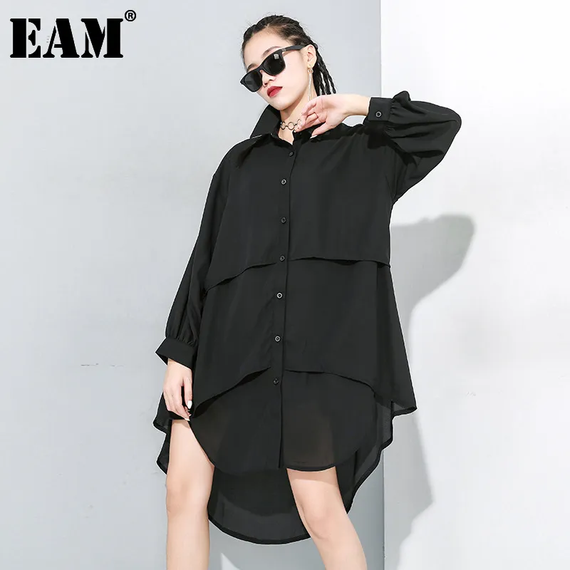 [EAM] Women Black Irregular Big Size Long Dress Lapel Long Sleeve Loose Fit Fashion Spring Autumn 1DD2333 21512