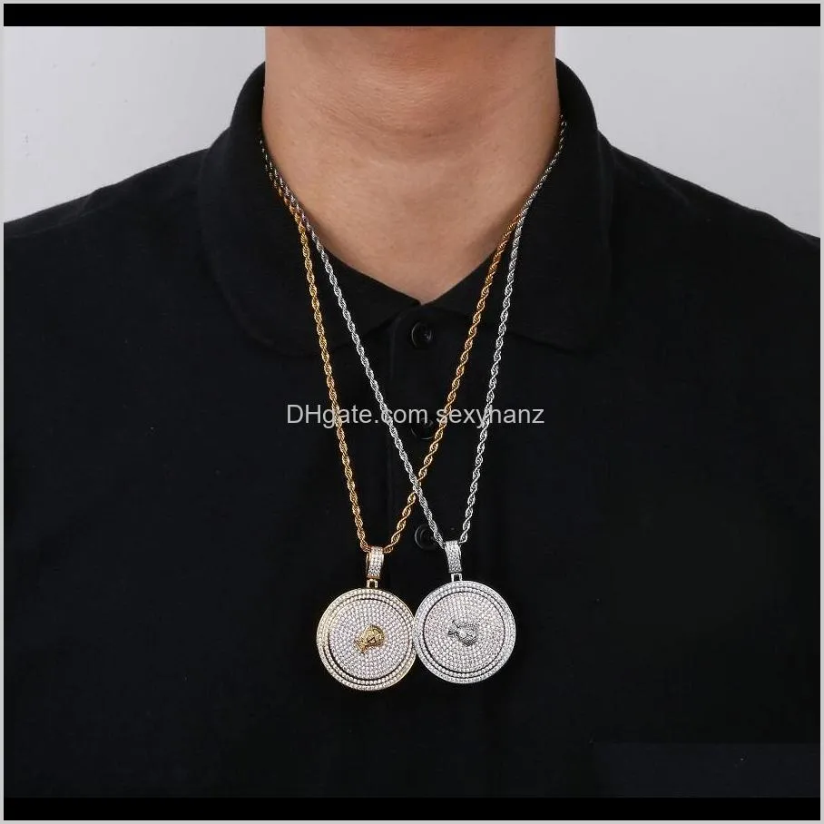 gold silver mens designer necklace hip hop stainless steel jewelry zircon iced out chain rotating disc pendant necklaces punk 18k gold