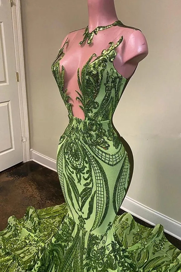 Olive Green Mermaid Green Mermaid Prom Dress with Sparkly Sequins and Jewel Neckline for Black Girls - Illusion Long Graduation Gown, Plus Size Formal