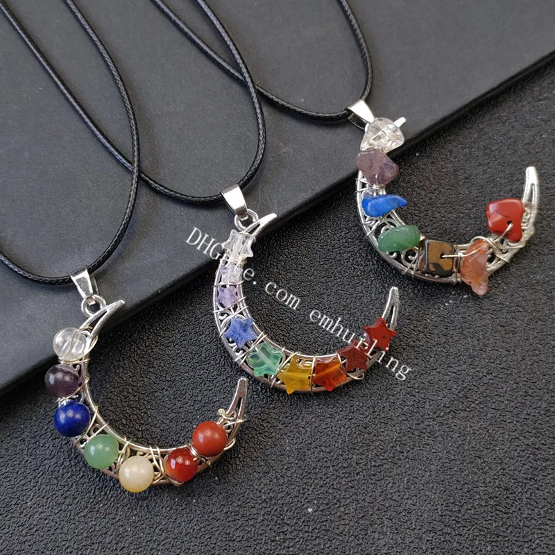 Genezing 7 chakra bilanced edelsteen kralen maan hanger ketting handgemaakte draad gewikkeld ronde ster stenen chips regenboog yoga kralen antieke zilveren halve maan sieraden