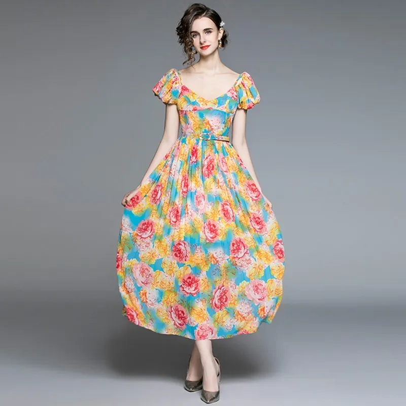 V Neck Puff Sleeve Spaghetti Strap Dress Summer Women Flower Print Bohemain Draped Elegant Beach Maxi Dress With Belt 210514