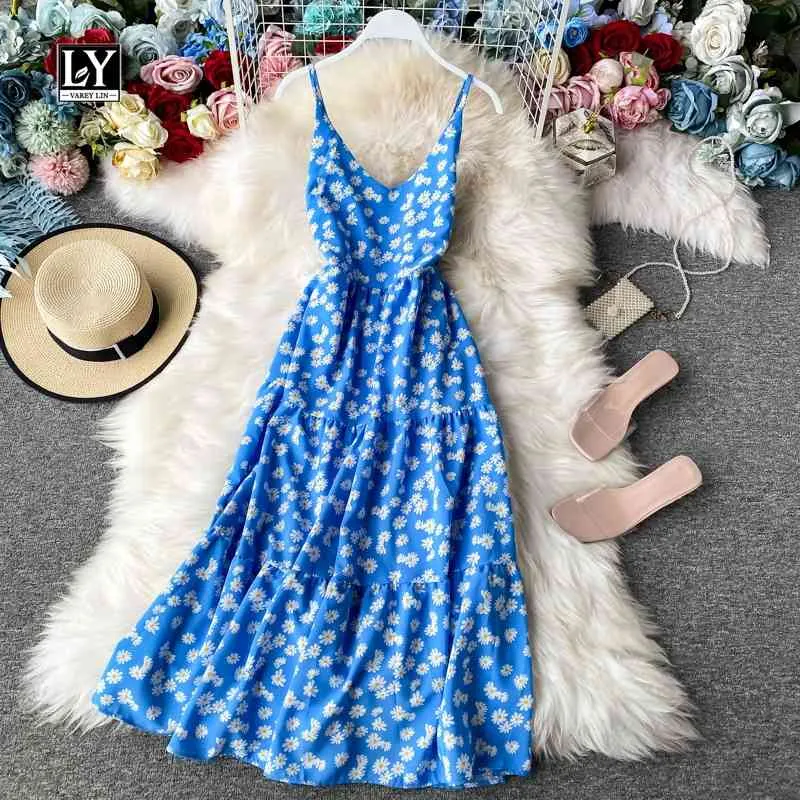 LY VAREY LIN Summer Sexy Spaghetti Strap Floral Dress A Line V neck Sleeveless High Waist Mid-Calf Lady 210526