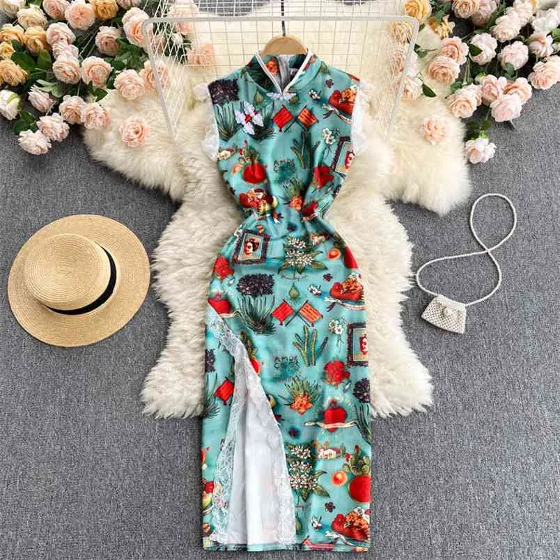 Chinese Cheongsam Style Summer Elegant Women Sleeveless Print Patchwork Lace Split Slim Dress Female Party Dresses 210428