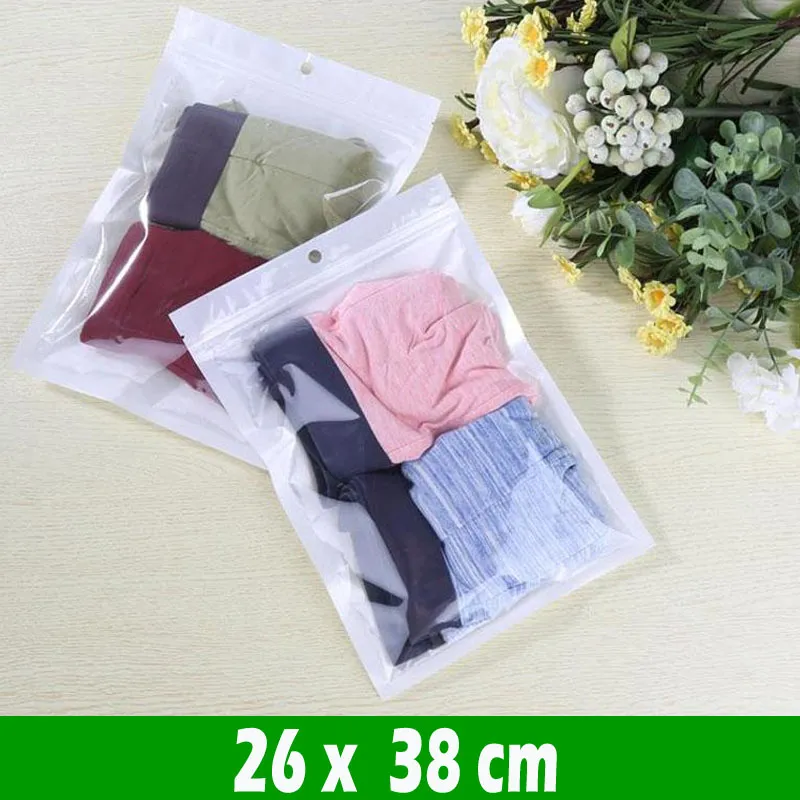 500 pcs 26 * 38cm grande clara pérola branca plástica poli sacs resealable embalagem zíper de varejo pacotes de pvc saco para roupas cão gato alimento hang breaks pacote