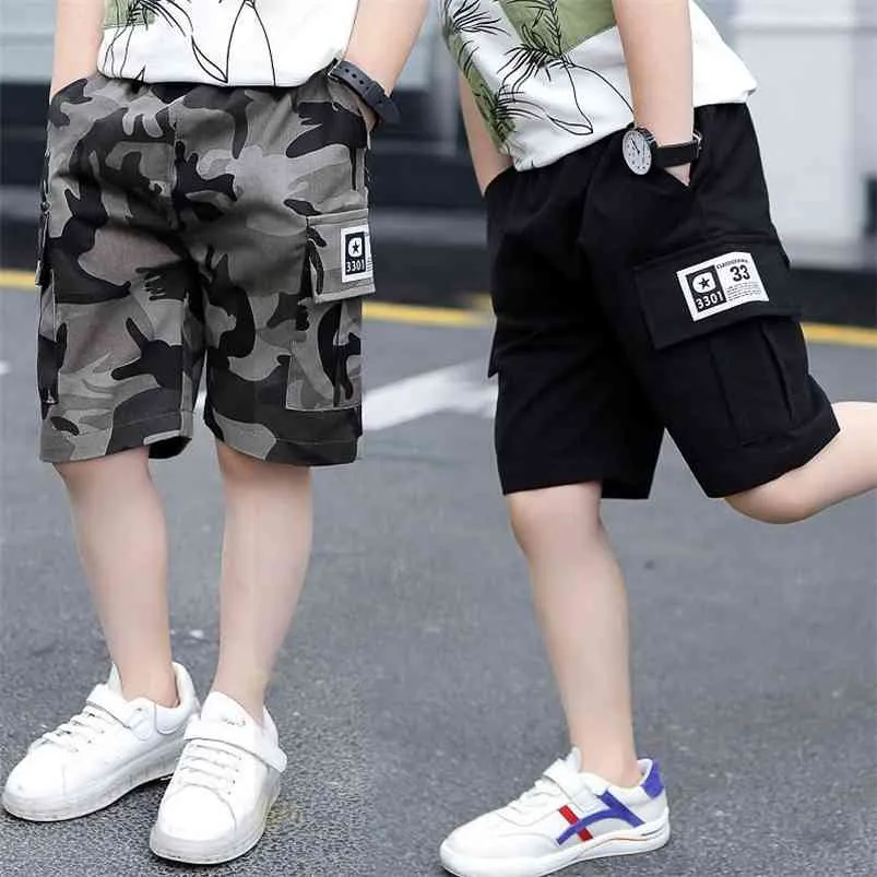 Boys Shorts for Summer Camouflage Loose Pants Teenage Trouser Cotton Black Fashion Kids Clothes 2-16 Years 210622