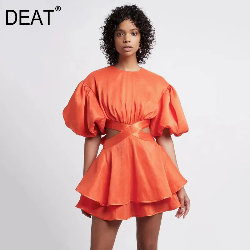 Femmes orange sexy show taille au-dessus de la robe de genou O-cou à manches longues en ligne lâche Fashion printemps d'été 3d1711 210421