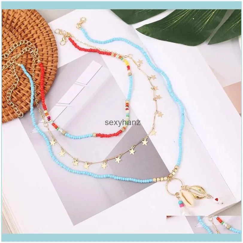 3 Pcs/Set Boho Fashion Natural Shell Star Pendant Blue Glass Beaded Long Necklaces For Women Trendy Gold Metal Chain Necklace