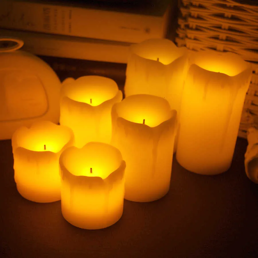 3pcs / lot Flammenlose elektronische LED Kerzenlampe Zylindrisch flackernde gelbe LED Teelampe Hochzeits-Party Dekoration Geschenke SH190924