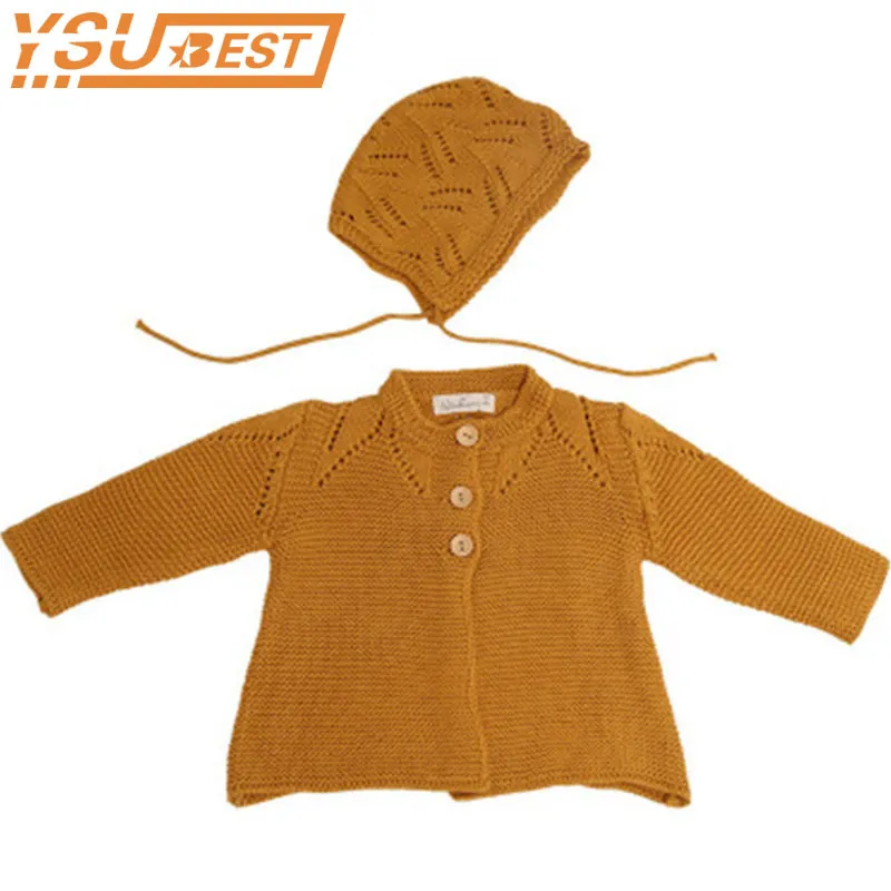 Baby Girls Knitted Outerwear Cardigan Spring Knit Coat+Cap 2pcs Jackets Children Wool 210429