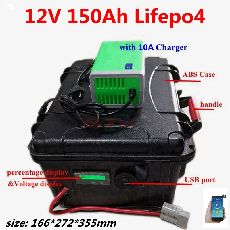 Waterproof 12V 150Ah Lifepo4 lithium battery With BMS for Rubber boat propeller trolling motor back up power supply +10A Charger