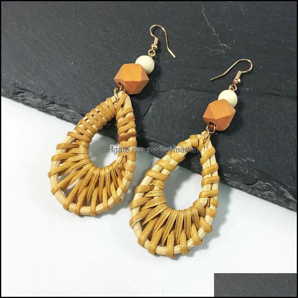 Handmade Rattan Knit Drop Dangle Earrings Women Wood Beads Long Statement Earrings Bohemian Jewelry Female