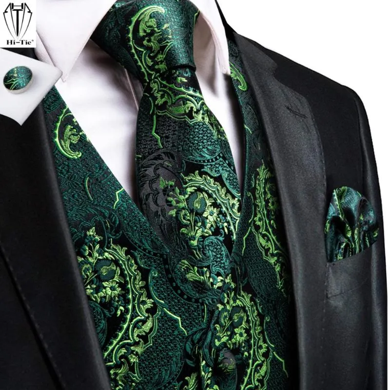 Heren Vesten Hi-Tie Zijde Herenpak Groene Floral 4 ST Geweven Gestaand Tie Pocket Square Manchetknopen Set Business Wedding Jurk Taille Jacket