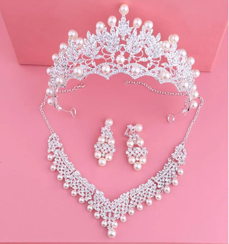 Earrings & Necklace Bride Crystal Pearl Costume Jewelery Sets Design Rhinestone Choker Crown Tiara Bridal Women Wedding