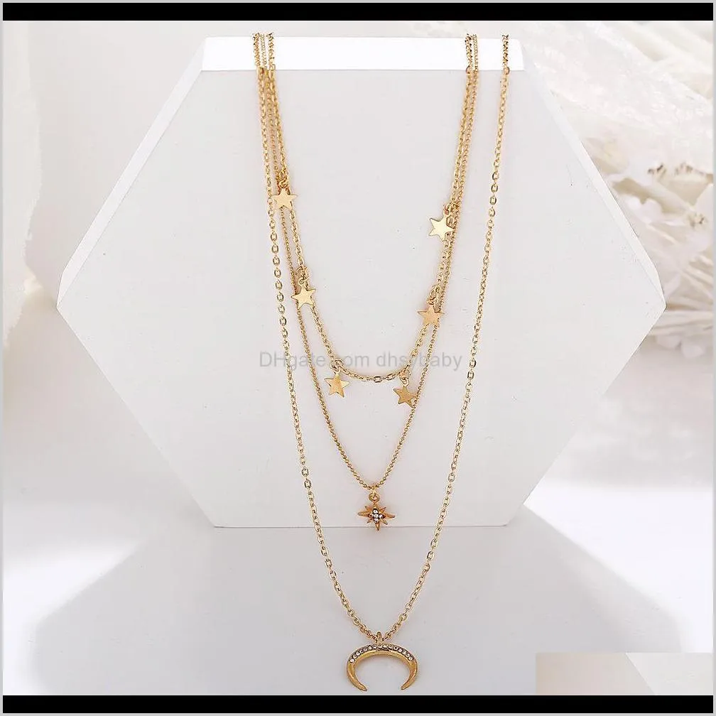 women star style pendant necklace clavicle chain creative simple necklace octagonal crescent three-layer necklace fashion jewelry