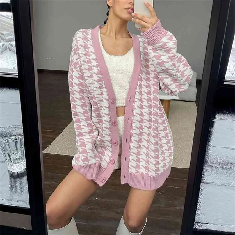 MEIYANGYOUNG Pink Houndstooth V Neck Knitted Sandro Houndstooth Cardigan Sweater Long Sleeve Oversized Jumper For Fashionable Autumn 210918 From Lu01 30.69 DHgate.Com