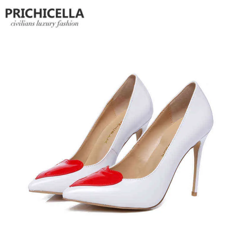Dress Shoes PRICHICELLA white genuine leather thin high heel shoes with red heart women dress party wedding shoe plus size 220303