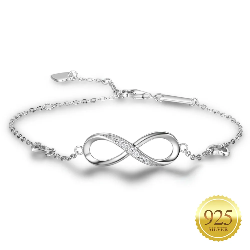 Women 925 Sterling Silver Infinity Bracelet Heart with Cubic Zirconia Paved Crystal Adjustable Endless Love Symbol Charms Friendship Anniversary Birthday Gift