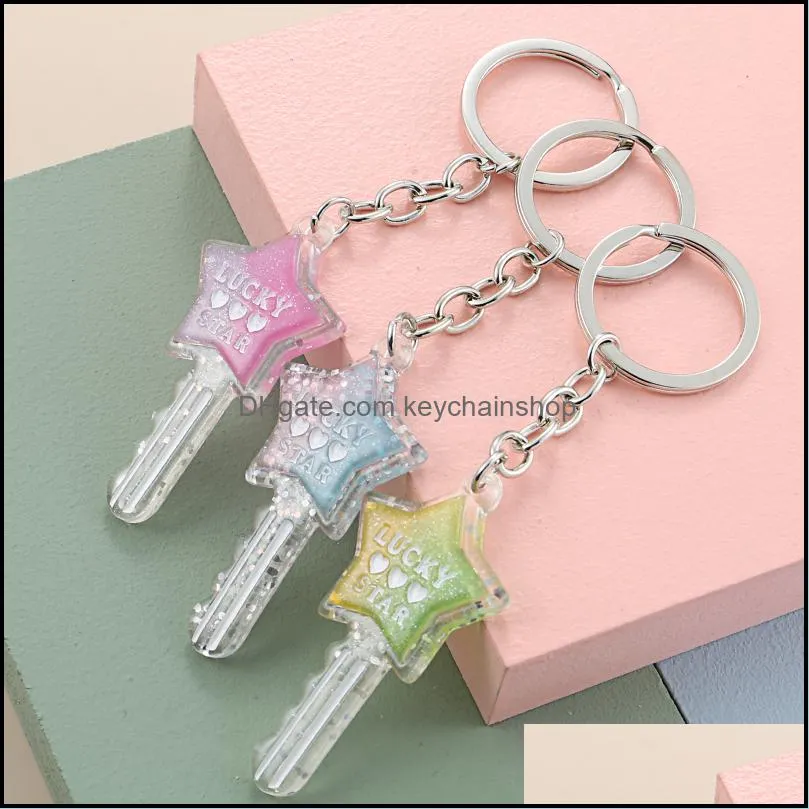 1set Lovely Colorful Key Keychain Lucky Star Key Ring Heart Shaped Pretty Girl Key Chain Friendship Couple Gifts Resin Jewelry