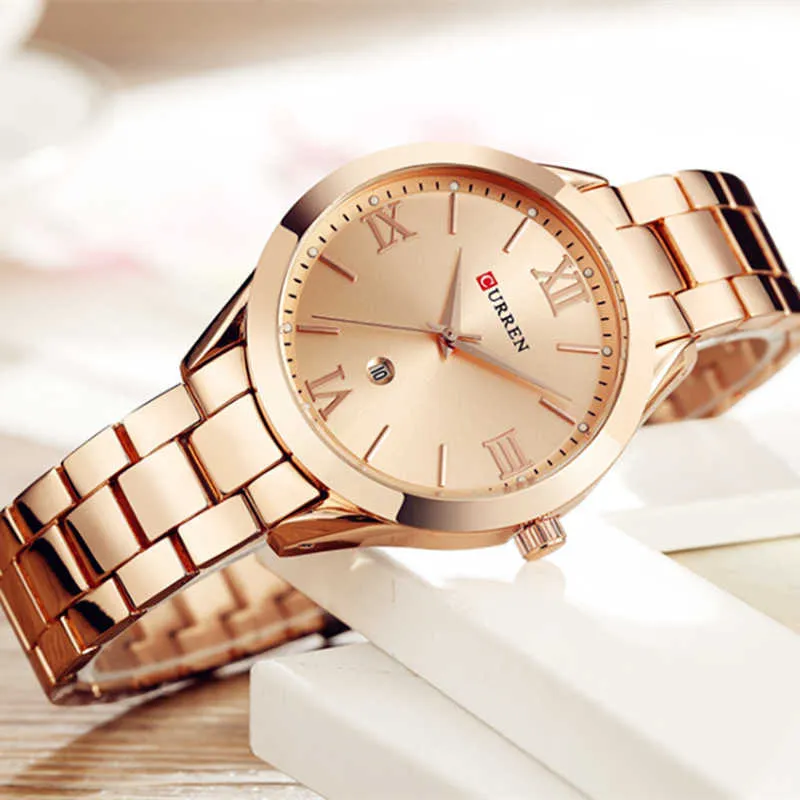 Curren İzle Kadınlar Üst Marka Kuvars Kadın Bilezik Saatler Bayanlar için Paslanmaz Çelik Bilek İzle Reloj Mujer Hediye Gül Gold Q0524
