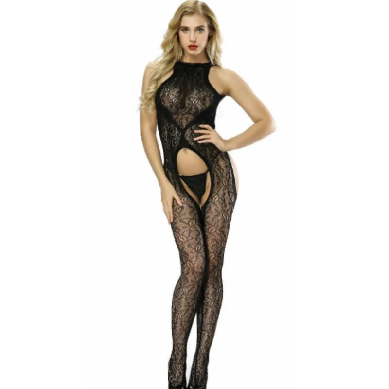 Bras Sets Women Crotchless Jumpsuit Sexy Mesh Lingerie Transparent Female Bodysuit Open Crotch Erotic Catsuit Backless See Through Bodycon