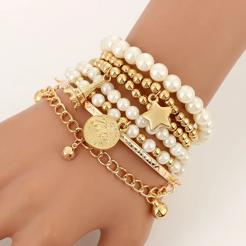 6pcs moda oro colore catena a maglia perline braccialetto di perle stella multistrato braccialetti di perline set per le donne regalo di gioielli partito di fascino 5483