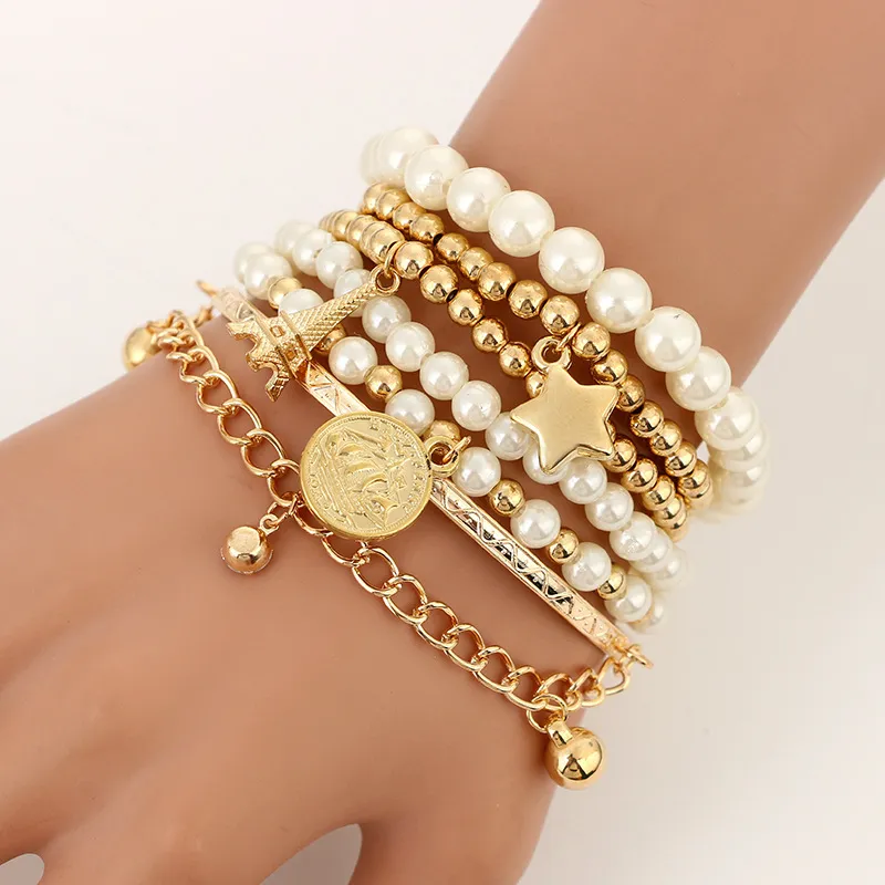 6st Fashion Gold Color Link Chain Pearl Beads Bracelet Star Multilayer Beaded Armband Set för Women Charm Party Smycken Gift 5483