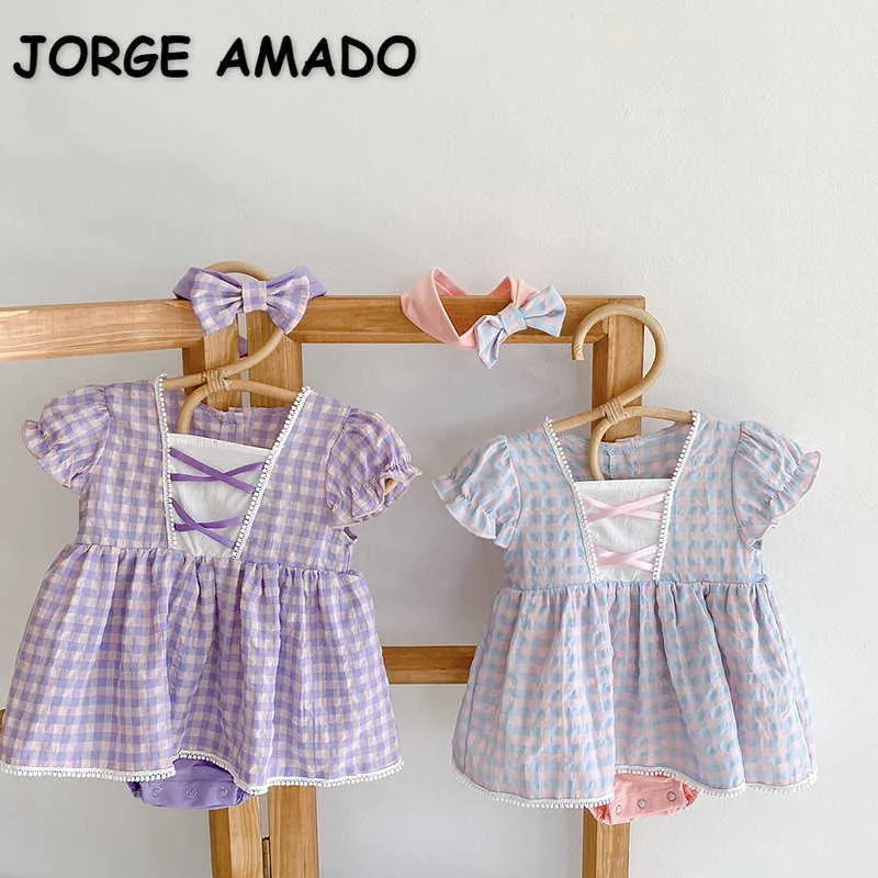 Summer Baby Girl Body Plaid Jumpsuit avec couvre-chef born Cute Style Kids Clothes E1002 210610
