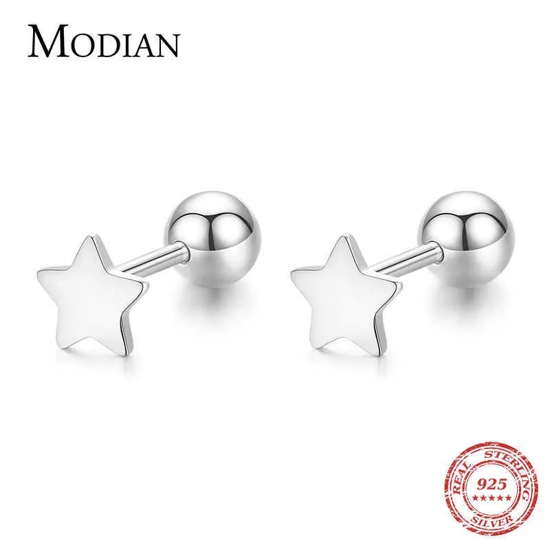 Minimalizm Stars Screw Stud Kolczyki 100% 925 Sterling Silver Charm Koraliki Tiny Kolczyk dla kobiet Girls Party Jewelry 210707