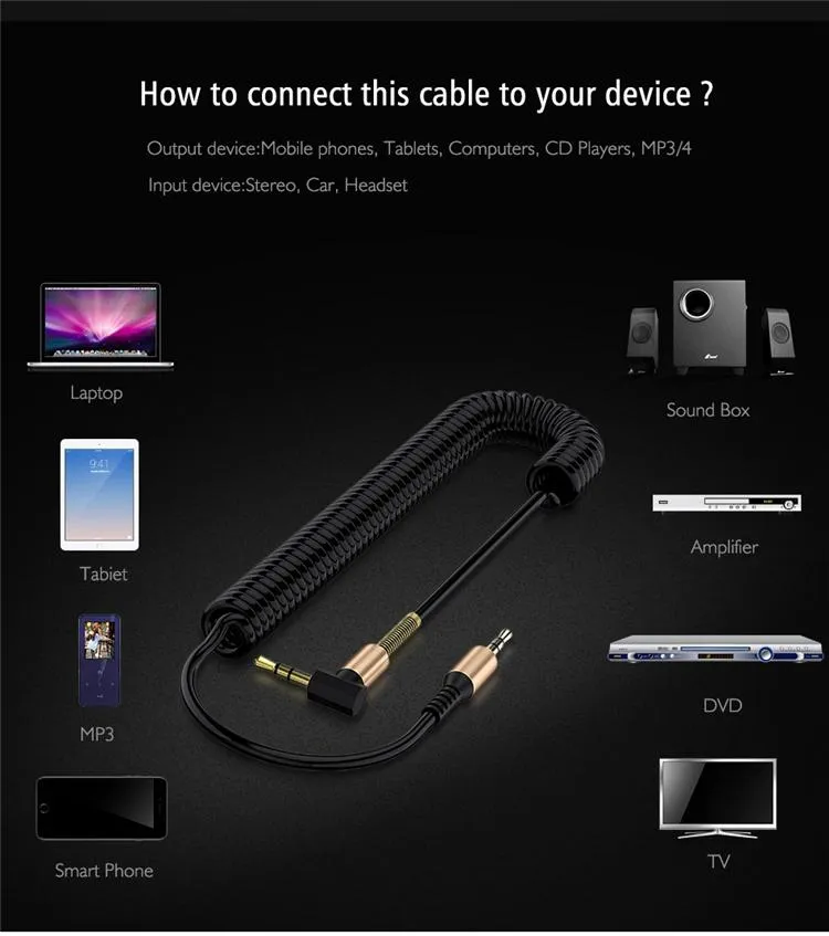 Степенный аудиокабель с катушкой 3,5 мм мужчина для мужчин Универсальные кабели AUX вспомогательные кабели для автомобиля Bluetooth динамики наушников гарнитура PC динамик MP3