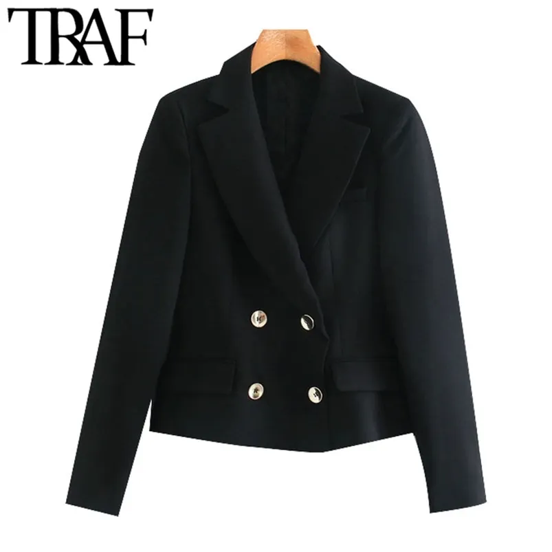 Femmes Mode Double Boutonnage Recadrée Blazers Manteau Vintage À Manches Longues Poches Femme Survêtement Chic Tops 210507