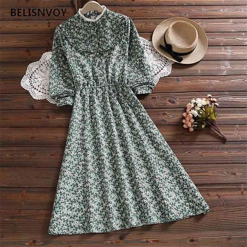 Mori Girl Spring Autumn Women Corduroy Dress Elastic-Waisted Vintage Vestidos Korean Sweet Ruffled Floral Printed Midi 210520