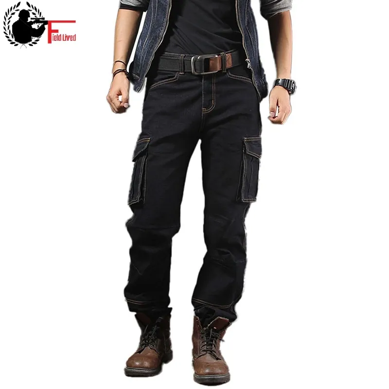 Cargo Jeans Baggy Jeans Mens Casual Loose Workwear Multi Side Pockets Denim Straight Trousers Male Military Army Pants Men Black 210518