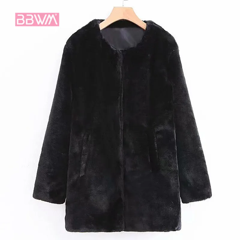 Höst Kvinnors Vintage Faux Fur Kvinna Jacka Svart Långärmad Rund Neck Lång Varm Coat 210507