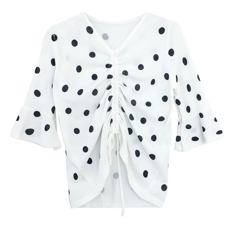 Vit Polka Dot V Neck 3/4 Tre Kvartär Ärm Flare Kvinnor Chiffon Drawstring Shirt Blouse Black B0091 210514