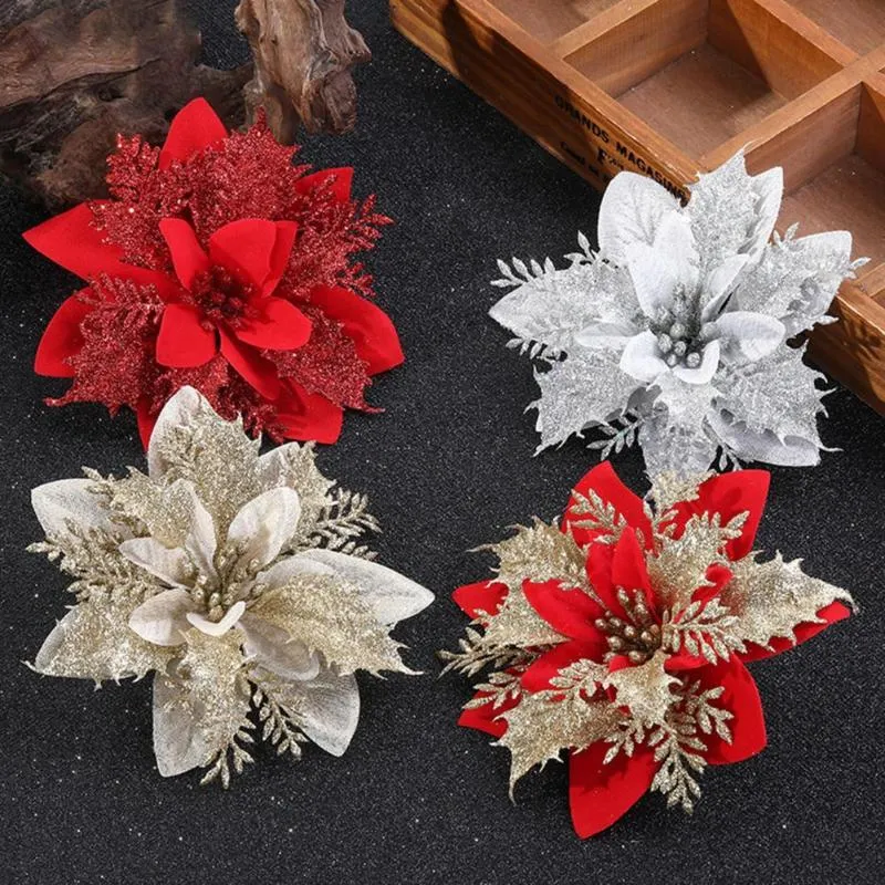 Noel Süslemeleri 5 adet Glitter Yapay Çiçekler Merry Süsler Ağacı Ev Yılı Düğün Dekor Için