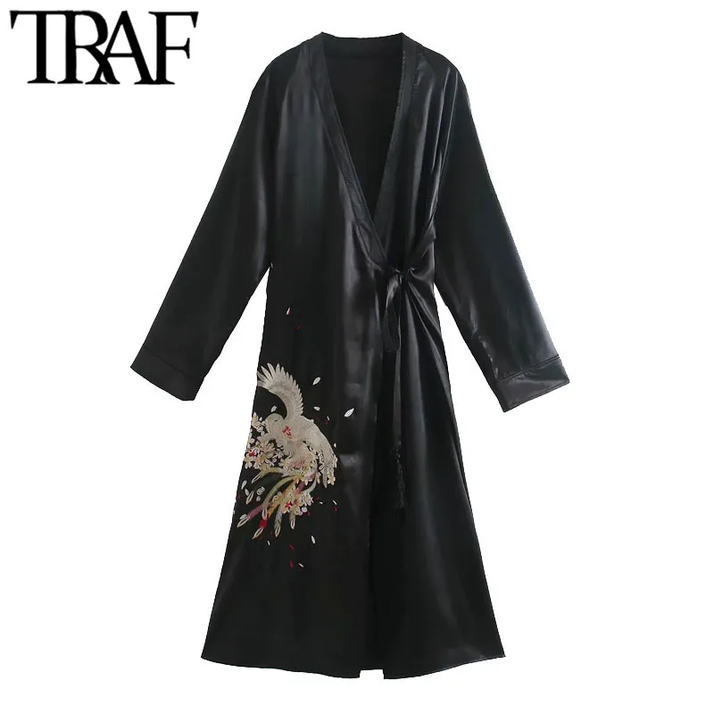 TRAF Dames Chique Mode Gebonden Riem Borduurwerk Kimono Midi Jurk Vintage Wrap V-hals Lange Mouw Vrouwelijke Jurken Vestidos 210415