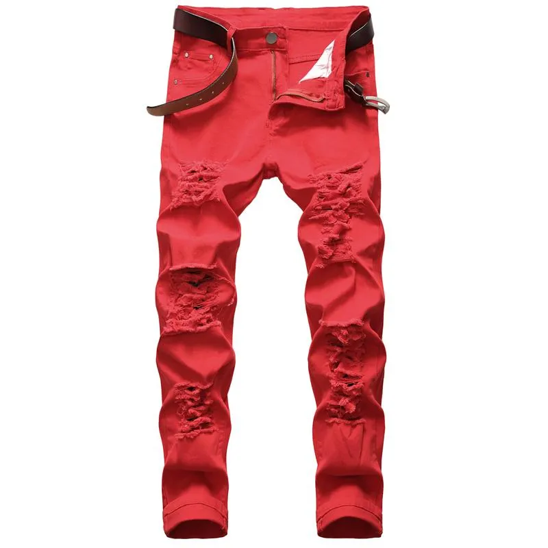 2021 Haute qualité Marque Hip Hop Main Denim Hommes Mode Trou Rouge Zipper Pantalon Designer Jeans Slim Casual Coupe Droite Men's299o