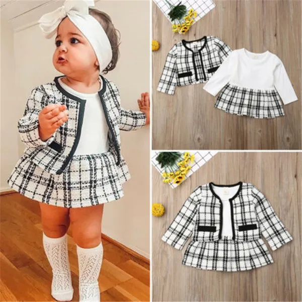 Baby meisje jurk verjaardag kinderen baby meisje kleding outfits tutu jurk plaid top 2-delige partij set Q0716