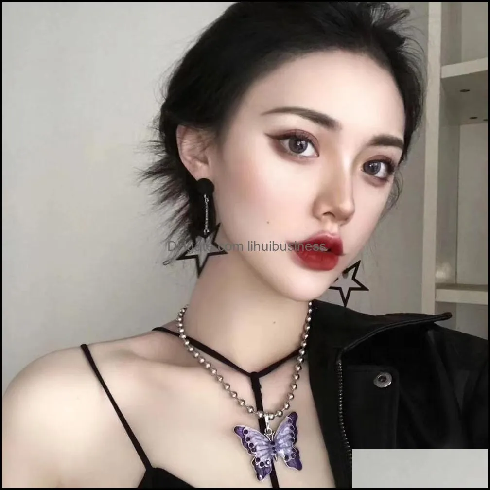Ins girl Butterfly Pendant Necklaces Women Vintage Harajuku Stainless Steel Letter Beads Choker Cool Girls Punk Sliver Chain Y0309