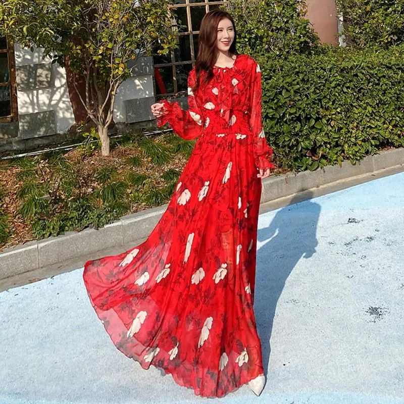 Повседневные платья мода дизайнер Maxi платье 4XL плюс размер женщин с длинным рукавом Boho красочный цветочный принт праздник пляжный сарафан