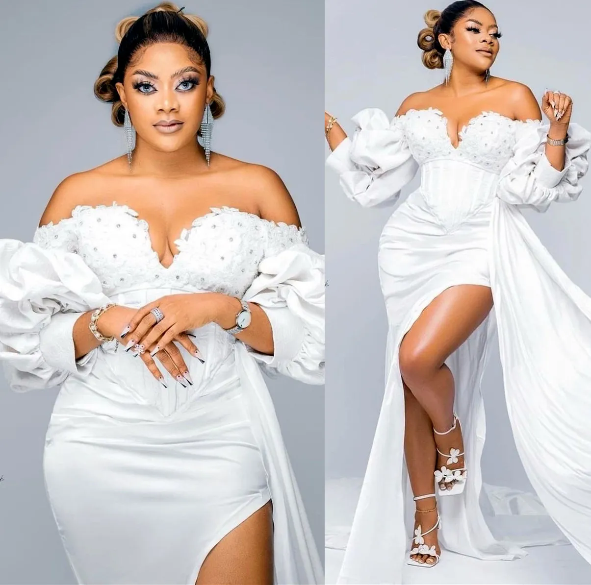 2022 Plus Size Arabisch Aso Ebi Meerjungfrau Spitze Perlen Hochzeitskleid Lange Ärmel Satin Vintage Brautkleider Kleider ZJ330