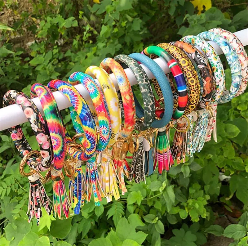 Fashion Party Favor Multiple Designs Sun Flower Pattern key chain Leather Wrap Tassels Bracelets Keychain Wristlet Bracelet Tassel Round Bangle KeyRing